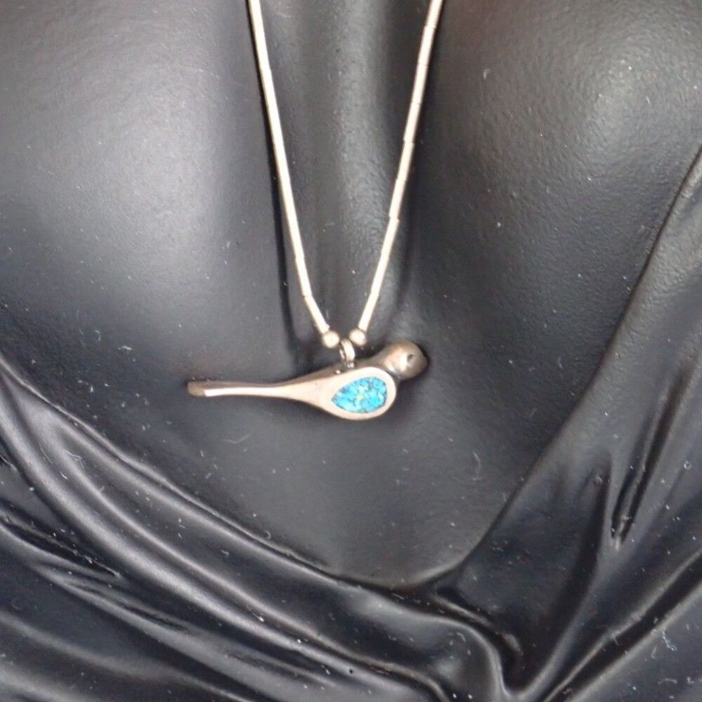 Zuni Native American Sterling Silver Turquoise Chip Bird Pendant Necklace 15" - Picture 4 of 16